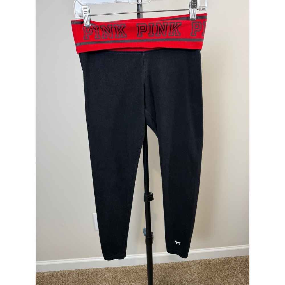 Pink Victoria Secret Yoga Fold Over Pants Black Red Waistband Small Leggings
